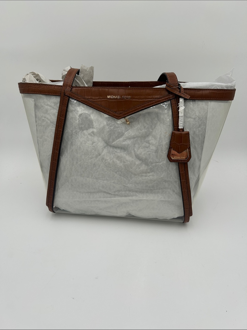 NWT Michael Kors Whitney Chestnut Leather Trim & Transparent Lg Tote retail $278